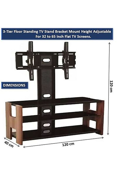 AWF AL WADI FURNITURE Rocky H-style 3tier Tempered Glass Steel Tv Mount Stand Tv Rack Tv Unit With Wooden Frame, Oak Brown
