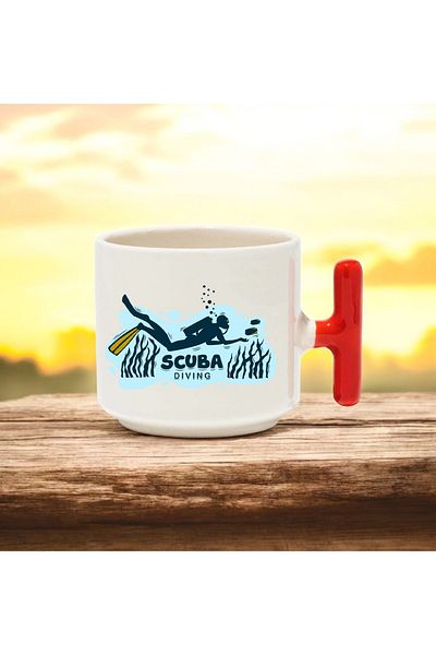 BB TRADE Scuba Diving Designed Red t Handle Ceramic Printed Mug Cup 250 ml