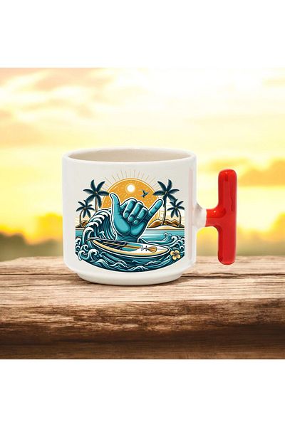 BB TRADE Red T-Handle Ceramic Printed Mug with Seaside Design 250 ml