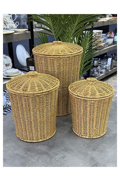 Doğudeko Καλάθι 3 τεμαχίων Rattan Upright με Καπάκι Ανοιχτό Καφέ
