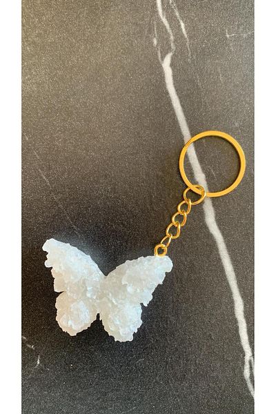 MISS GOLDEN Pearlescent White Colored Butterfly Shape 3D Embossed Gold Ring Keychain Handmade Epoxy Gift