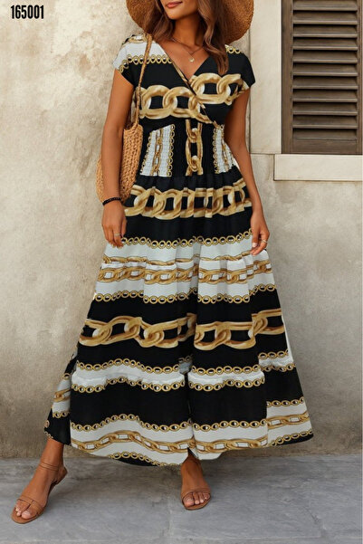 Modayakamoz Kadın Yazlık Süprem Elbise Beli Lastikli Kruvaze Yaka Uzun Boy