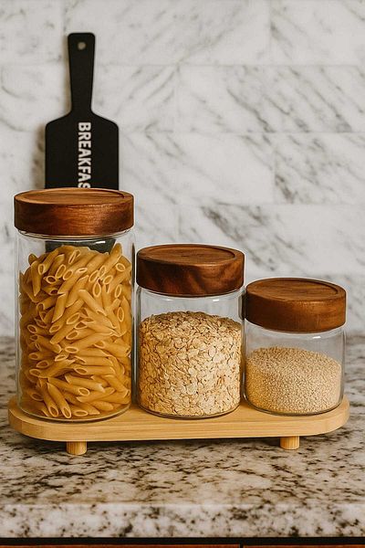 Pembishayatlar Vacuum 3-Piece Storage Container with Bamboo Stand on the Counter