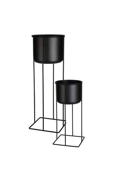 Koopman Set 2 Ghivece decorative negre cu suport tip picior, din metal rezistent, H 17 si 13.5 cm