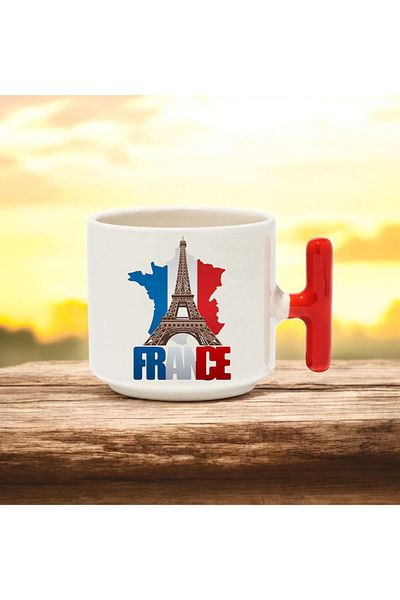 BB TRADE France Designed Red t Handle Ceramic Printed Mug Cup 250 ml