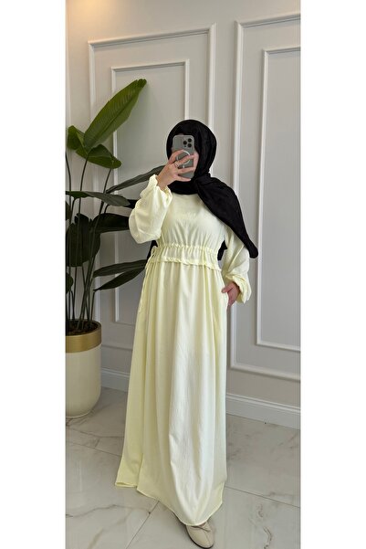 BESSE KETEN PAMUK ELBİSE LİMON SARI