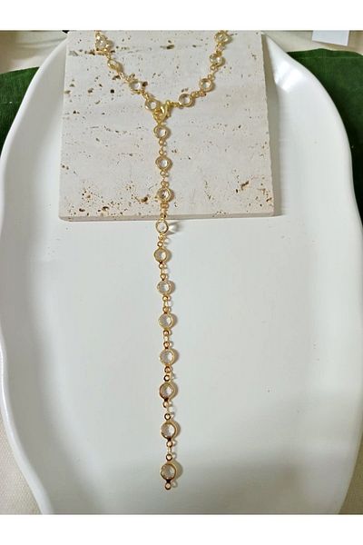 mos&more Gold White Round Stone Tarnish-Free Elegant Y Necklace