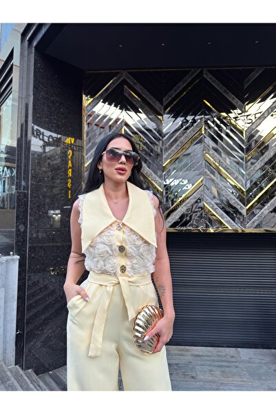 1Moda1Tarz Women's Imported Fabric Button Detailed Rose Patterned Belted Lined Special Design Jumpsuit Dress