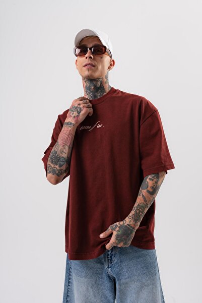 Respire Ανδρικό μπλουζάκι με στάμπα με μάτια, μπλουζάκι μεγάλου μεγέθους Claret Red