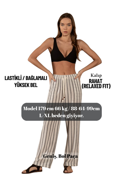 clavia Comfortable Fit Wide Leg High Waist Loose Cut Pants Breathable Fabric 100% Cotton Cream-Black