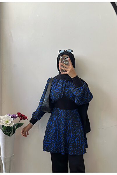 DİLEKBUTİK μπλε μπαλόνι μανίκι με κάθισμα στη μέση