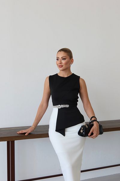 1Moda1Tarz Γυναικείο Εισαγόμενο Ύφασμα Πέτρα Κεντημένο Φόδρα με Σχισμή Φόδρα Ειδικού Σχεδιασμού Φόρεμα