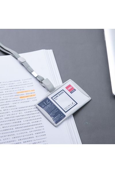 Deli E5744 Grey Name Badge with Lanyard, 85×53mm – ideal for ID display & events