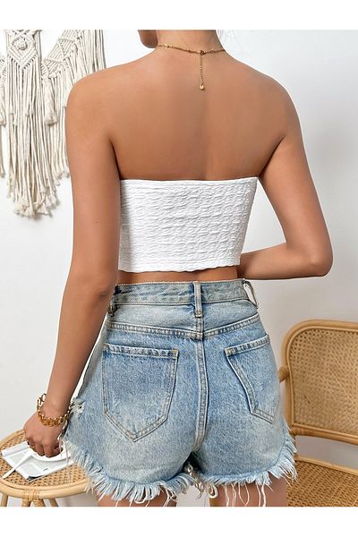 Marin Star Summer Plain White Crop Top, Summer Strapless White Top