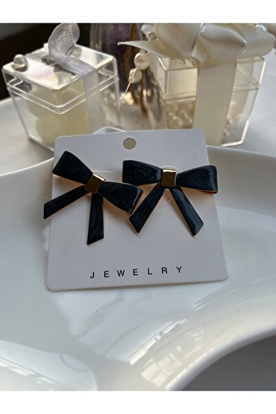 Metal Black Ribbon Form Gold Detailed Earrings