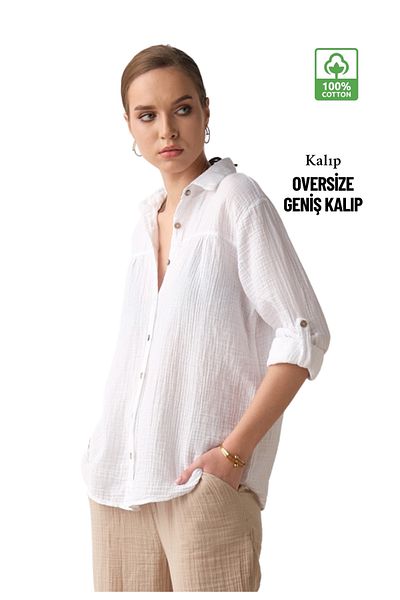 clavia Summer Muslin Shirt, Loose Shoulder Wide Fit Casual Muslin Shirt