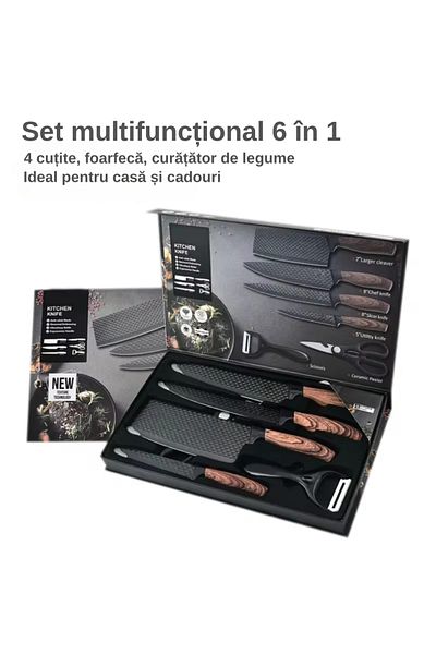 LUDORA Kitchen knife set, stainless steel, 6 pieces, 4 kitchen knives, 1 stainless steel scissors