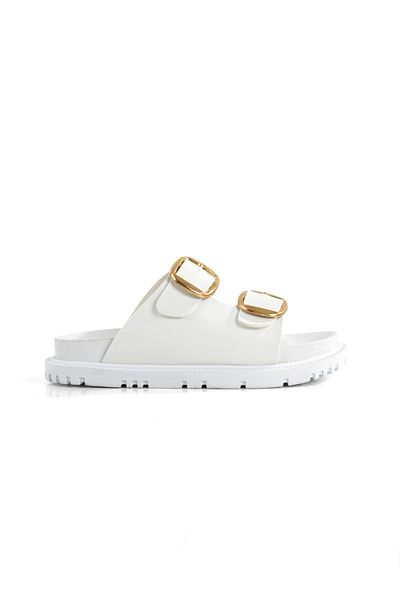 PAYZİN ''Sezen'' White Skin Double Yellow Buckle Orthopedic Slippers New Season