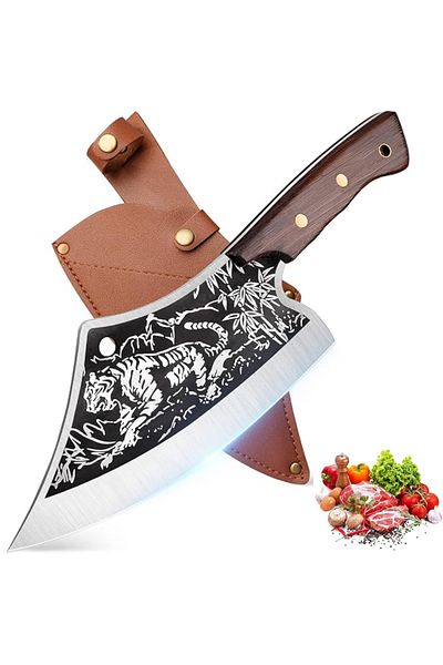 LUDORA Cleaver, kitchen knife, stainless steel, wooden handle, sharp and durable blade, pu sheath