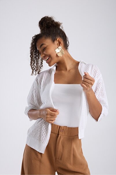 Su Moda γυναικεία ζακέτα καλοκαιρινή λεπτή διάτρητη ανοιχτή μπροστινή μανίκια κάπρι casual fit