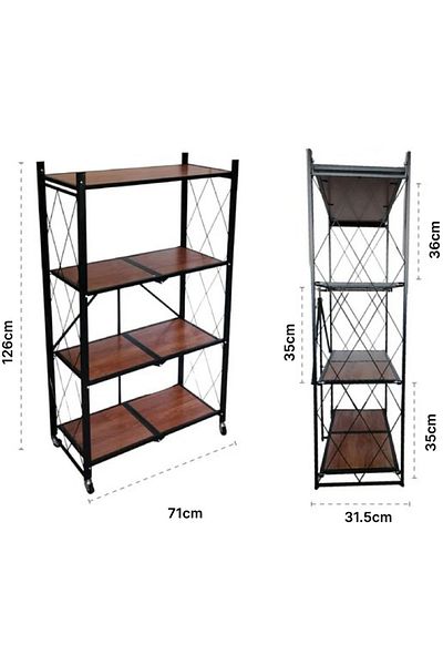 Trendat Heavy Duty Foldable Storage Rack with Wooden Shelf for Kitchen and Home 4 Tier
