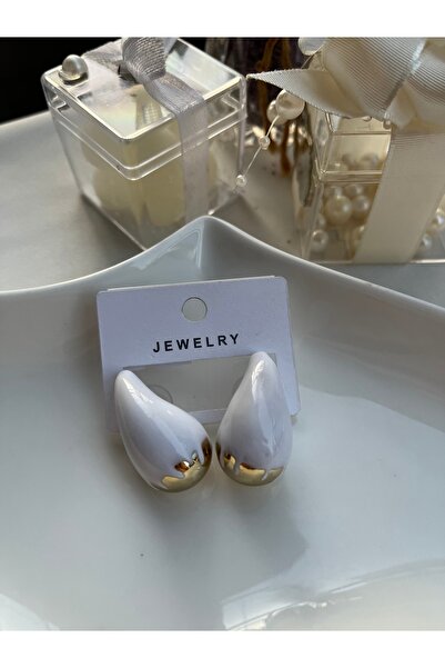 Metal أقراط بيضاء على شكل قطرة مع تفاصيل ذهبية