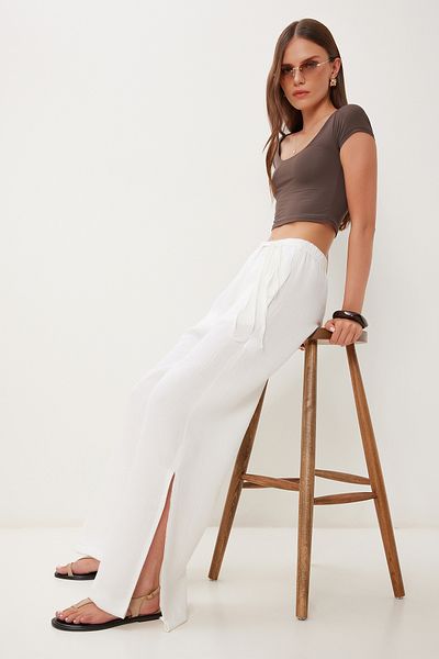 Lovelyİstanbul Lacing Detailed Slit Muslin Trousers Ekru Lbv0066