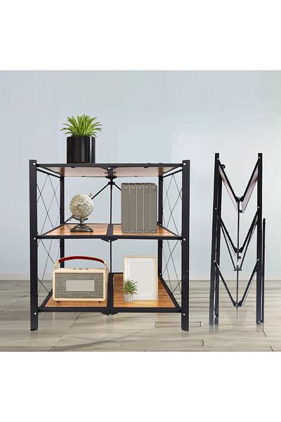 foryou Heavy Duty Foldable Storage Rack with Wooden Shelf for Kitchen and Home 3 Tier