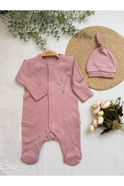 Minim Plum Hat Baby Romper, Interlock Fabric, Snap Fastener Long Sleeve Booties Jumpsuit Set