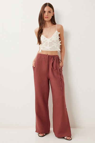 Lovelyİstanbul Tie Detailed Slit Muslin Trousers Tile Lbv0066