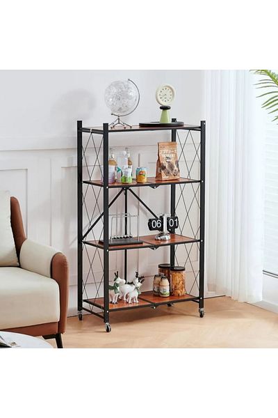 Trendat Heavy Duty Foldable Storage Rack with Wooden Shelf for Kitchen and Home 4 Tier