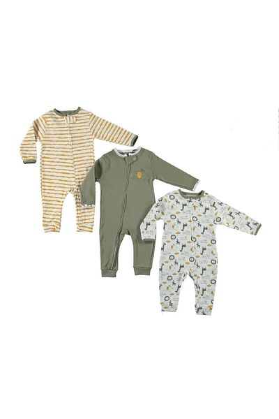 Minim 3-Piece Jumpsuit Set with Elephant Detail, Mixed Animal Figures, Striped Zipper