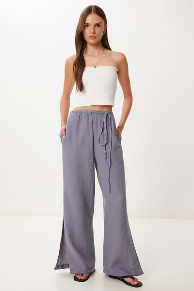 Lovelyİstanbul Lacing Detailed Slit Muslin Trousers Smoked Lbv0066