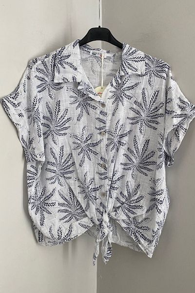 AYASOFYA OTANTIK Women's Italian White Leaf Pattern Scalloped Tie-Up Blouse