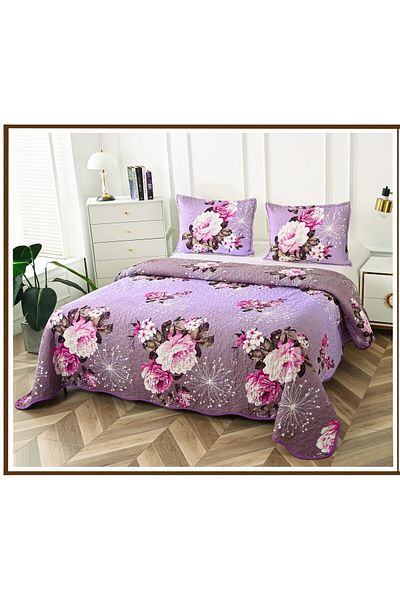 FIONNA.RO Quilted Cotton Quilt With Two Sides - Purple With Flowers