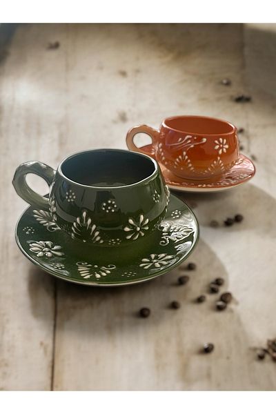 Artistic Quality Decorative Stylish Design Fully Handmade Green and Brown 2-Person Coffee Cup