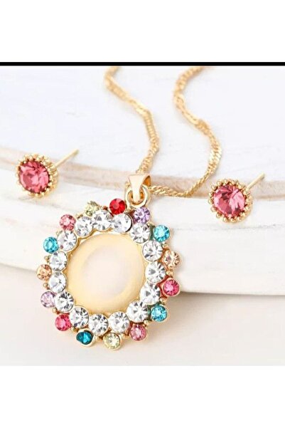 Generic Brand Stylish Stone Gold Necklace and Earring Set