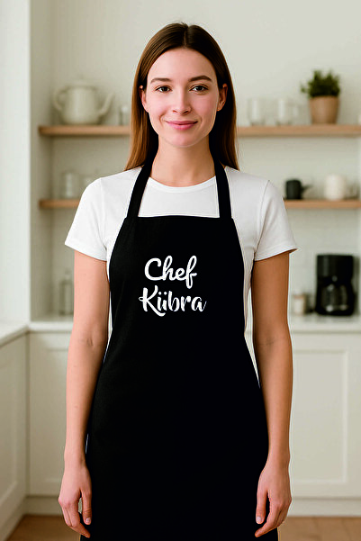 AFMAT Atölye Kişiye Özel "Chef Kübra" Yazılı Siyah Mutfak Önlüğü – Kadın Erkek Şef Önlüğü