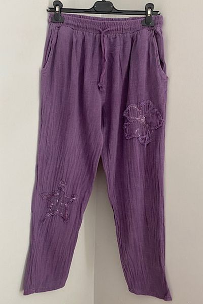 AYASOFYA OTANTIK Women's Purple Elastic Waist Lace Applique Star / Daisy Patterned Linen Trousers with Side Pockets