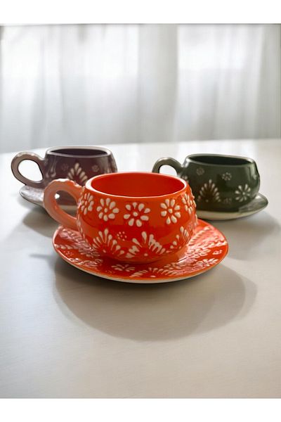 Artistic Quality Decorative Stylish Design Fully Handmade Green, Orange and Brown Coffee Cup for 3