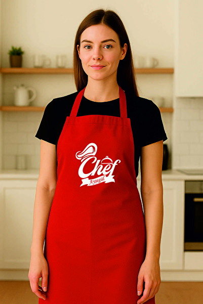 AFMAT Atölye Kişiye Özel “Chef Ayşegül” Yazılı Şık Kırmızı Şef Mutfak Önlüğü