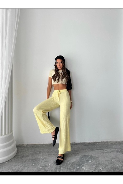 unika boutique YÜKSEK BEL FİTİLLİ BELİ LASTİKLİ YAZLIK KADIN PANTOLON