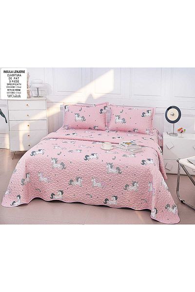 FIONNA.RO Quilted Cotton Quilt with Two Sides - Pink with Unicorns
