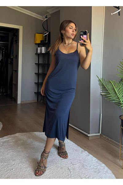 Qenz Casual Dress with Shoulder Strap - Navy Blue