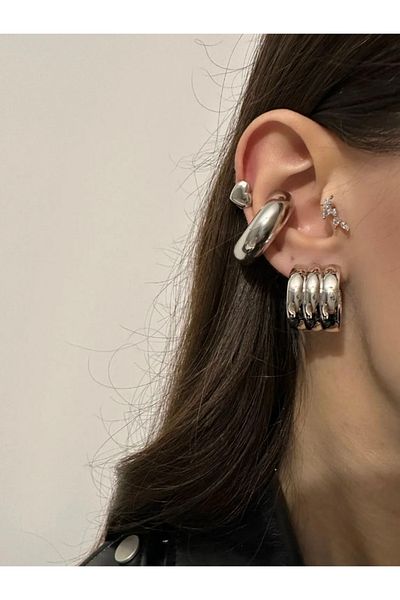 luxyansımalar Earcuff Silver Hoop Cartilage Earrings