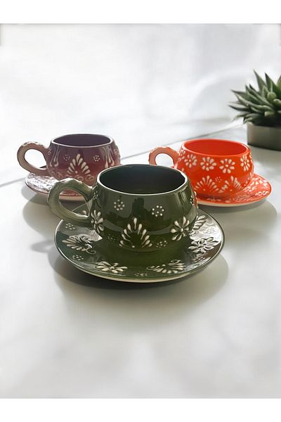 Artistic Quality Decorative Stylish Design Fully Handmade Green, Orange and Brown Coffee Cup for 3
