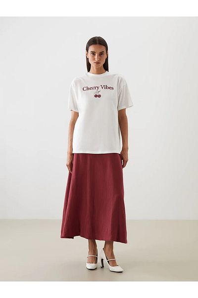LC Waikiki Lcw Modest Ecru Crew Neck Cherry Printed Women's T-Shirt
