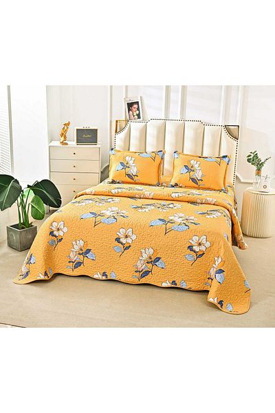 FIONNA.RO Quilted Cotton Quilt with Two Sides - Yellow with Flowers