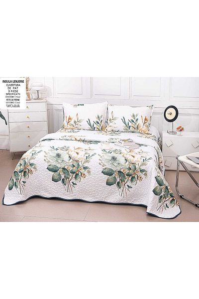 FIONNA.RO Double-Sided Quilted Cotton Blanket - Green Bouquets