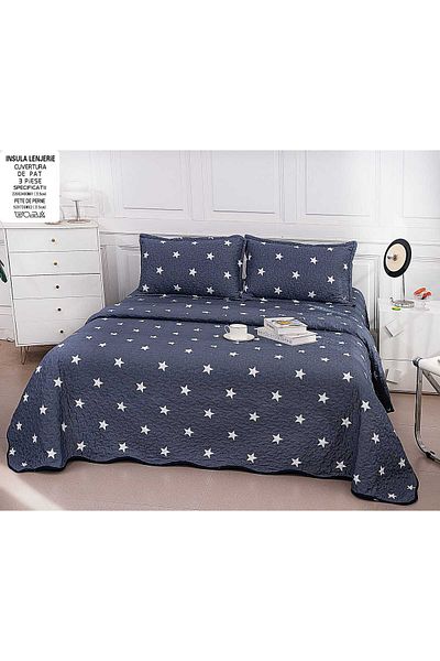 FIONNA.RO Double-Sided Quilted Cotton Blanket - Navy Blue With Stars